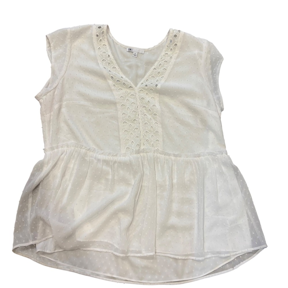 DR2 Peplum Blouse XL White Swiss Dot Eyelet V-Neck Sleeveless Anthropologie